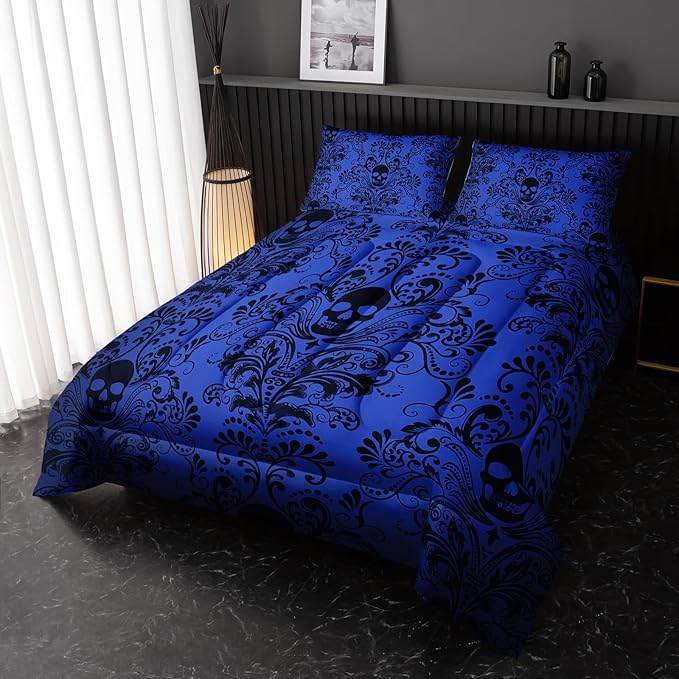 Adults Blue Gothic Comforter Set Queen Size,Vintage Damask Floral Bedding Set 3Pcs,Bohemia Bedding Set Goth Skull Printed Quilted Set for Teens Adult with 1 Comforter and 2 Pillowcase
