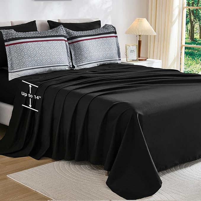 WONGS BEDDING 7 Pieces Comforter Set King Size, Black-red Striped Bed in a Bag Comforter and Sheet Set, Black Boho Soft Lightweight Micorfiber Bedding Set for All Season (90"×104")