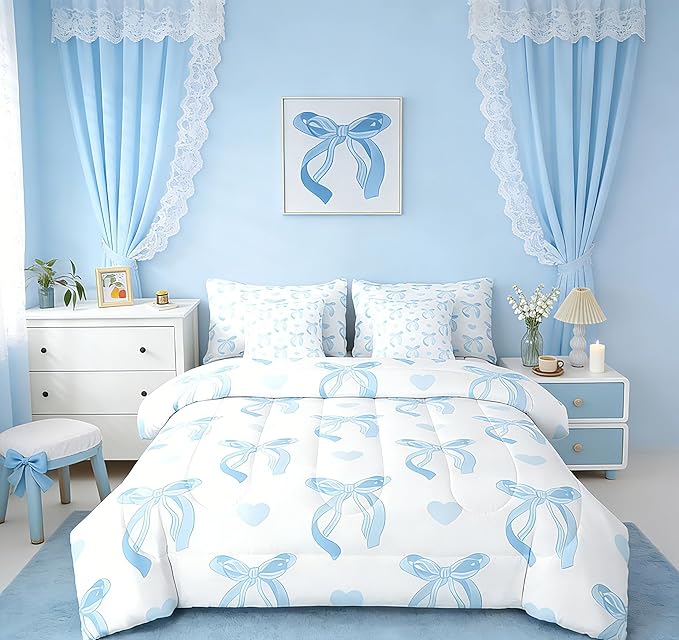jejeloiu Cute Blue Bow 7 Piece Bedding Set Full Size Ribbon Bow Comforter Set with Sheets for Kids Women Cartoon Love Heart Bed in a Bag Blue White Bed Set