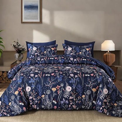 Yiran Queen Comforter Set, 7 Pieces Navy Blue Floral Soft Bedding Sets, Queen Bed in a Bag with Botanical Flowers Winter Comforter, Sheets, Pillowcases & Shams