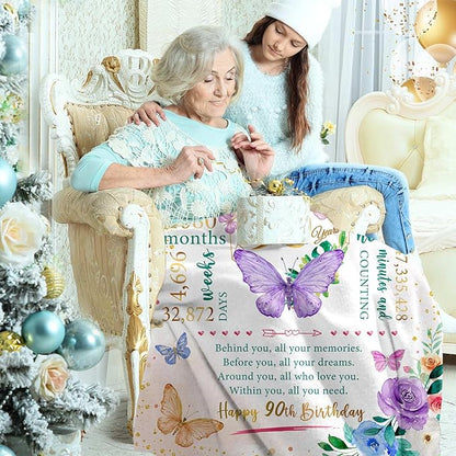 ZWERIVP 90th Birthday Gifts for Women, Best 90 Year Old Woman Birthday Present, Women 90th Bday Gift Ideas, 1936 Woman Present, Happy 90 Bday Decorations for Female Throw Blanket 50"X60"
