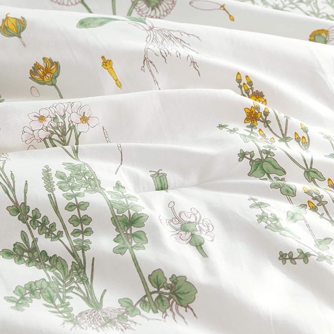 Wake In Cloud - Botanical Comforter Set, 100% Cotton Fabric, Floral Flower Cottagecore Neutral Shabby Chic Coquette Aesthetic, 3 Pieces Bedding Set, Yellow Green, Full Size