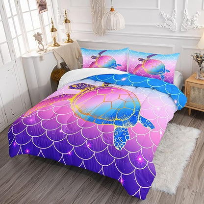 HOSIMA Mermaid Fish Scales Bedding Sets,Sea Turtle Comforter Rainbow Bedding Glitter Star Themed Comforter Set Queen Size for Girls Kids Room Decor,Bed Set for Girls with 2 Pillowcases.
