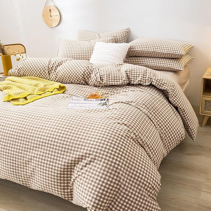 mixinni Tan Gingham Comforter Set Queen, Plaid Comforter Set 3 Pieces 1 Beige Grid Comfoter with 2 Pillow Cases for All Seasons, Soft Fluffy Modern Grid Pattern Printed Bedding-Queen Size