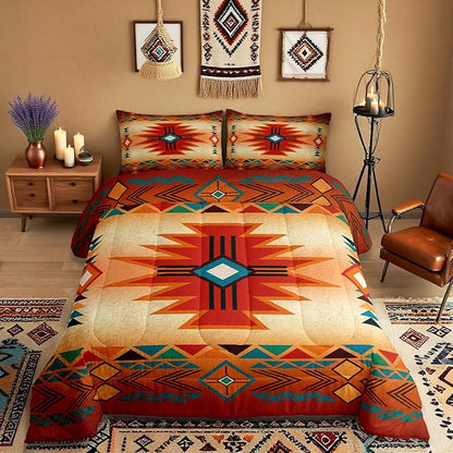Western Bedding Set Twin Size,Southwest Comforter Set for Kids Teens Women Men,Aztec Tribal Bohemian Quilt Set 2Pcs Vintage Geometric Striped Orange Red Rustic Duvet Insert Bedroom Decor