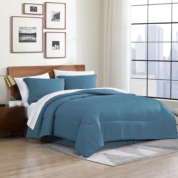 Cathay Home Basic Bedding Home Essential Ultra Soft Lightweight 8PC Wrinkle Resistant Microfiber Bed in a Bag Set (Includes Complete Sheet Set, Comforter Set & Bedskirt) - King, Blue