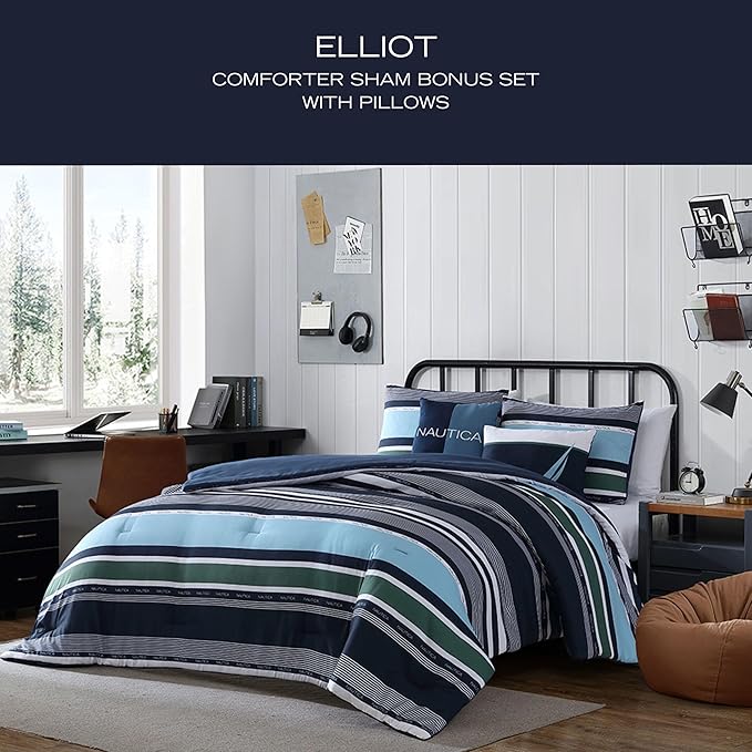 Nautica - King Comforter Set, Soft Woven Bedding with a Lightweight for Year Round Comfort, 5 Piece Bed Set with Matching Pillowcases & Bonus Throw Pillows (Elliot Blue)