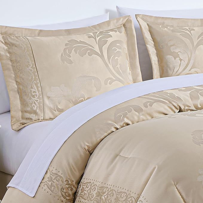 Chezmoi Collection Valor 7-Piece King Bed in a Bag, Champagne Luxury Jacquard Floral Comforter with Sheets Set for All Season