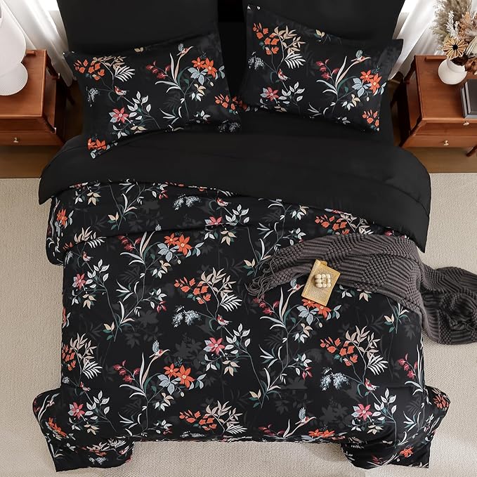 Black Queen Comforter Size Set, 7 Pieces Floral Bed in a Bag Bedding Sets, Lightweight Soft Comforter and Sheet Set, All Season Microfiber Flower Bedding Sets