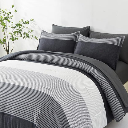 Anibedding 7 Pieces Bed in a Bag Black Grey Comforter Full Size, Lightweight Striped Microfiber Bedding Set for Bedroom (1 Comforter, 2 Pillowcase, 2 Pillow Shams,1 Flat Sheet, 1 Fitted Sheet)