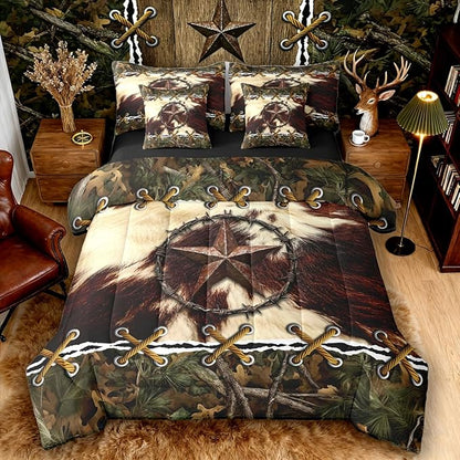 Rustic Bed in a Bag Queen Comforter Set 7-Piece,Cowhide Western Texas Star Bedding Sets Mens Tree Leaves Hunting Comforter and Sheet Set, Woodland Animals Farmhouse Room Decor,Camo Cabin Country Decor