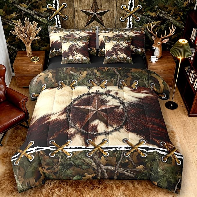 Rustic Comforter Set 7-Piece Bed in a Bag Twin,Cowhide Western Texas Star Bedding Sets Mens Tree Leaves Hunting Comforter and Sheet Set, Woodland Animals Farmhouse Room Decor,Camo Cabin Country Decor