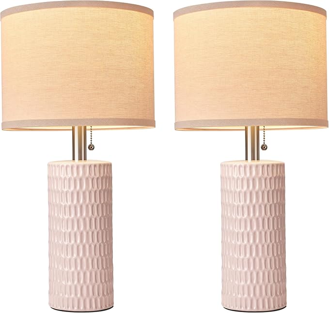 20.5" Modern Ceramic Table Lamps for Bedroom Set of 2, Bedside Lamps for Night Stands with Beige Lampshade, Farmhouse Table Lamp for Living Room Office Dorm, Pink