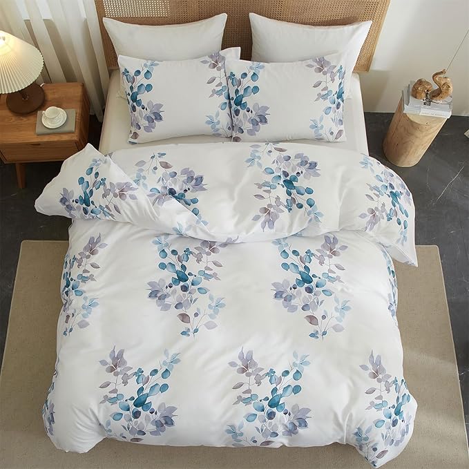 mixinni Floral White Comforter Set Full Size, Farmhouse Bedding Sets Soft Fluffy Fresh Blue/Purple Leaves Comforter for All Season, 3 Pieces Cute Floral Bedding Comforter Set for Women