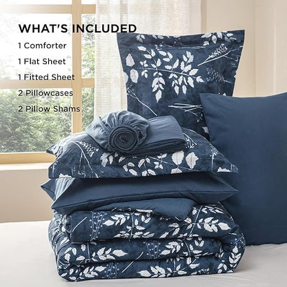 Bedsure Navy Oversized Queen Comforter Set - 7 Pieces Floral Bedding Sets Oversized Queen Bed in a Bag with Reversible Botanical Flowers Comforter, Sheets, Pillowcases & Shams