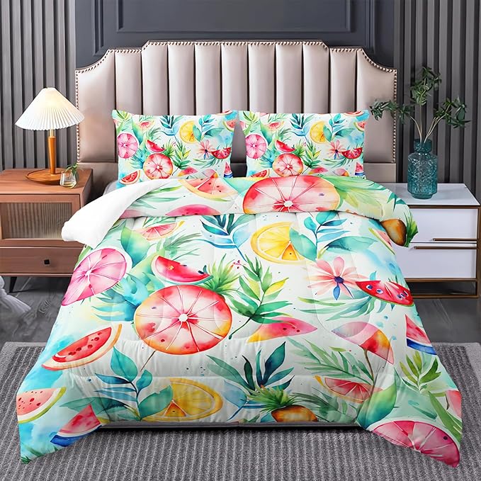 Tropical Fruit Comforter Set 3 Pcs Bedding Set Full Size for Girls,Summer Plant Leaf Watermelon Pineapple Printed Beddind Set Quilts Set Lightweight Soft Microfiber Warm All Season With 2 pillowcases