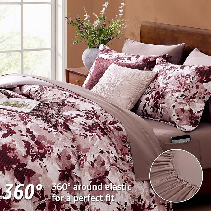 CASAAGUSTO King Comforter Set, 7 PCS Purple Willow Leaf Floral Comforter Set with Flowers Leaves Pattern, Soft Seersucker Design All Season King Size Bedding Set(102"X90")