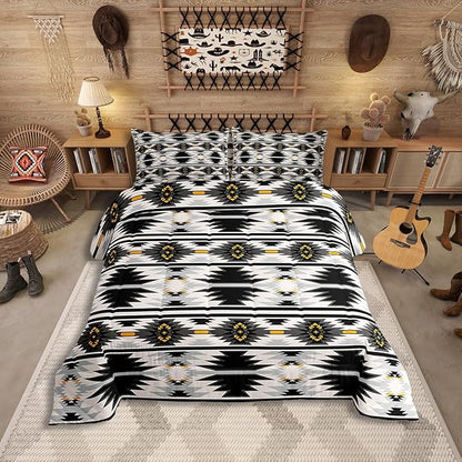 Erosebridal Western Aztec Toddler Bedding Set for Boys, Bohemian Southwestern Comforter Set American Native Bedding Comforter Sets Indian Exotic Geometric Quilt Rustic Farmhouse Decor, Gray Black
