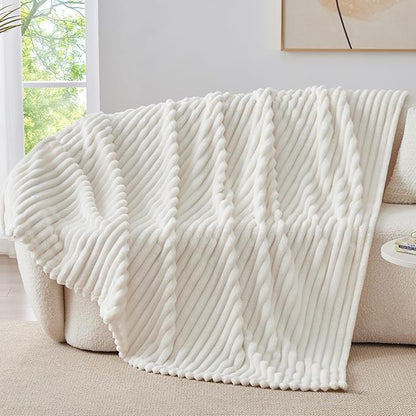 BEDELITE Fleece Throw Blanket for Couch - 300GSM Soft & Warm Fluffy Cream White Blanket, Decorative and Giftable Striped Blankets for Women, Men, 50"x60"