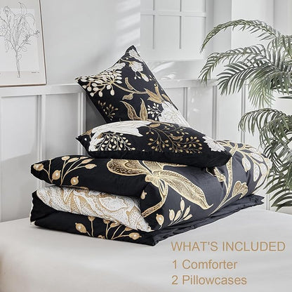 mixinni Floral Comforter Set Queen Size,3 Pieces Botanical Bedding Comforter Sets, White Flowers and Gold Leaves Printed on Black, Soft Fluffy Reversible Farmhouse Boho Comforter for All Season