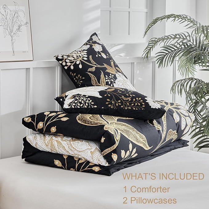 mixinni Floral Comforter Set Full Size,3 Pieces Botanical Bedding Comforter Sets, White Flowers and Gold Leaves Printed on Black, Soft Fluffy Reversible Farmhouse Boho Comforter for All Season
