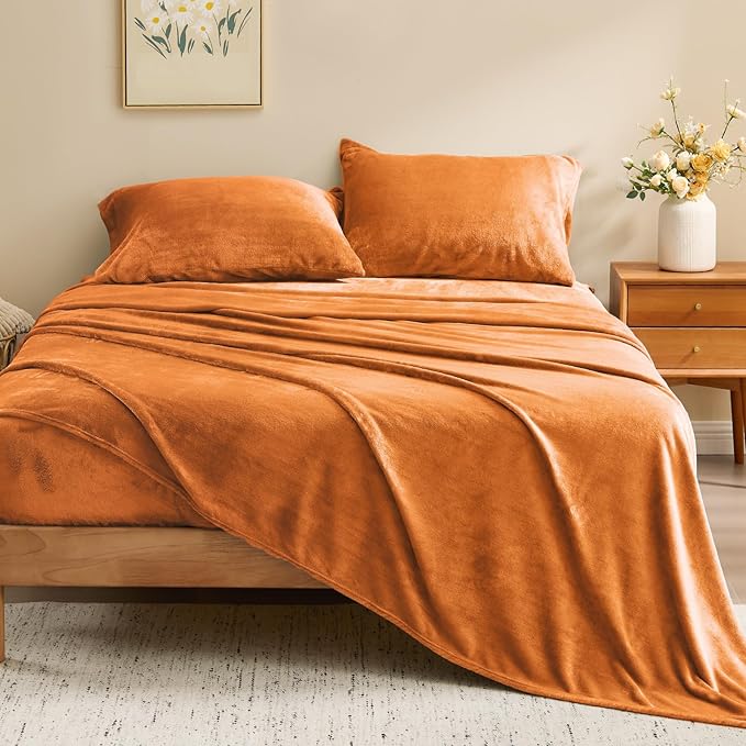 BEDELITE Flannel Sheets Queen Size Burnt Orange - Super Soft Fall Fleece Sheets Set Fluffy Extra Plush, 4 Piece(Include Fitted Sheet, Flat Sheet, 2 Pillowcases)
