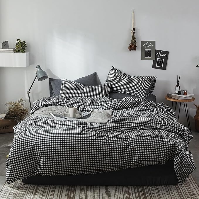 mixinni Black Gingham Comforter Set Full, Plaid Comforter Set 3 Pieces 1 Black Grid Comfoter with 2 Pillow Cases for All Seasons, Soft Fluffy Modern Grid Pattern Printed Bedding-Full Size