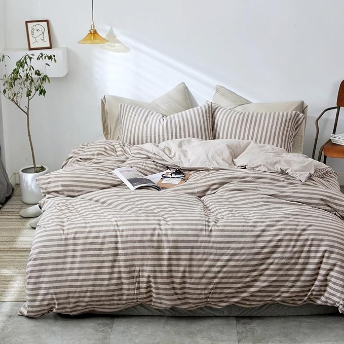 Full Size Bedding Comforter Set for Women,Men Breathable Cotton Comforter for Bed 3 Pieces Comforter Set with Coffee Striped Pattern, 2 Pillow Cases, 80''x90''