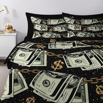 Nesker 7 Pcs Comforter Set King Size, Gold Money Bill Coins Bedding Set for Kids and Adults, Abstract One Hundred Dollar Bed Sheet Sets with Fitted Sheet 2 Pillowcases & 2 Shams