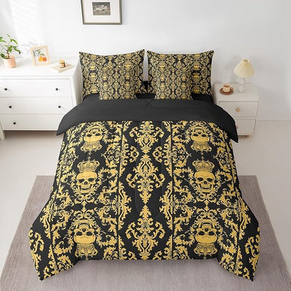 Erosebridal Sugar Skull Comforter Set 7 Piece Bed in a Bag Twin,Gothic Bedding Set,Black Yellow Damask Bohemian Vintage Floral Comforter and Sheet Set,Goth Skeleton Antique Victorian Baroque Decor