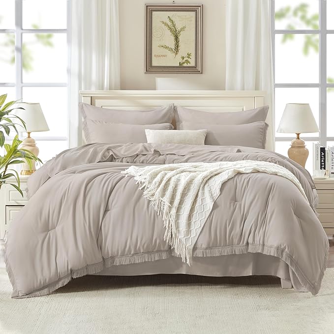 Andency California King Size Comforter Set with Sheets Heather Grey - 7 Pieces Cal King Bed in a Bag Boho Bedding Sets, Bed Set with Comforter, Sheets, Pillowcases & Shams