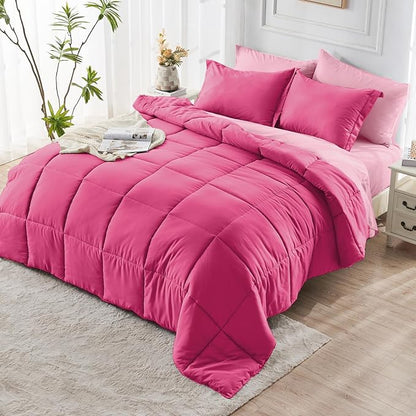 JOLLYVOGUE Queen Comforter Set, Ultra-Soft Bed in a Bag Queen Size 7 Pieces, Oeko-TEX Certified Bedding Set with Down Alternative Comforter, Sheets, Pillowcases & Shams, Hot Pink & Baby Pink