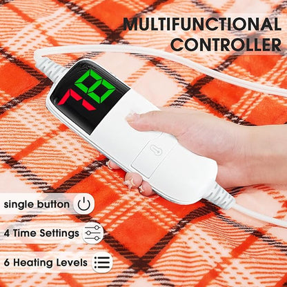 OCTROT Heated Electric Blanket Queen Size, 84X90 Heating Blanket Queen with Dual Control&10 Heats Levels&Timer for Bed,Orange Plaid Sherpa Blankets Warmer Gift for Grandma Women Halloween Home Decor