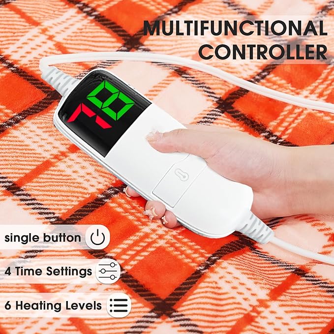 Heated Electric Blanket Full Size,72X84 Heating Blanket,Orange Plaid Soft Sherpa Blankets Warmer Gift for Grandma Women Adult,Fast Heating Washable