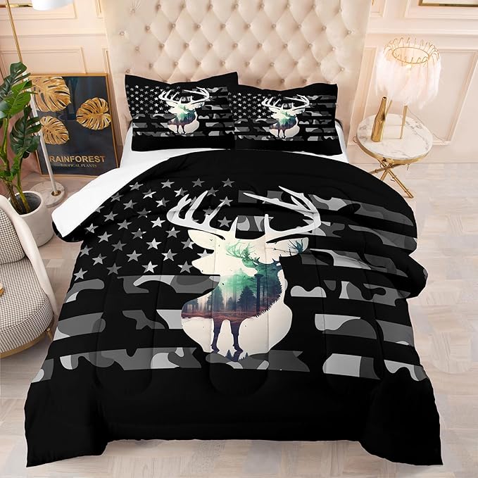 NINENINE Camo Deer Comforter Sets Hunting Comforter,Queen Size Bedding Sets for Boys, Western Comforter Sets Geometric Plaids Bedding Sets with 1 Comforter 2Pillowcases…