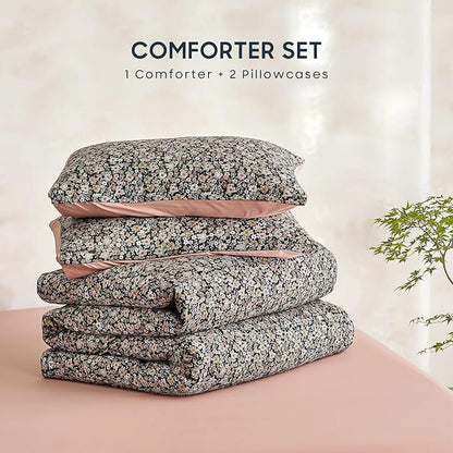 Wake In Cloud - Floral Comforter Set, Cute Vintage Flower Cottagecore Aesthetic for Women Teen Girls, Soft Lightweight Dorm Bedding, 3 Pieces, Black, Queen Size