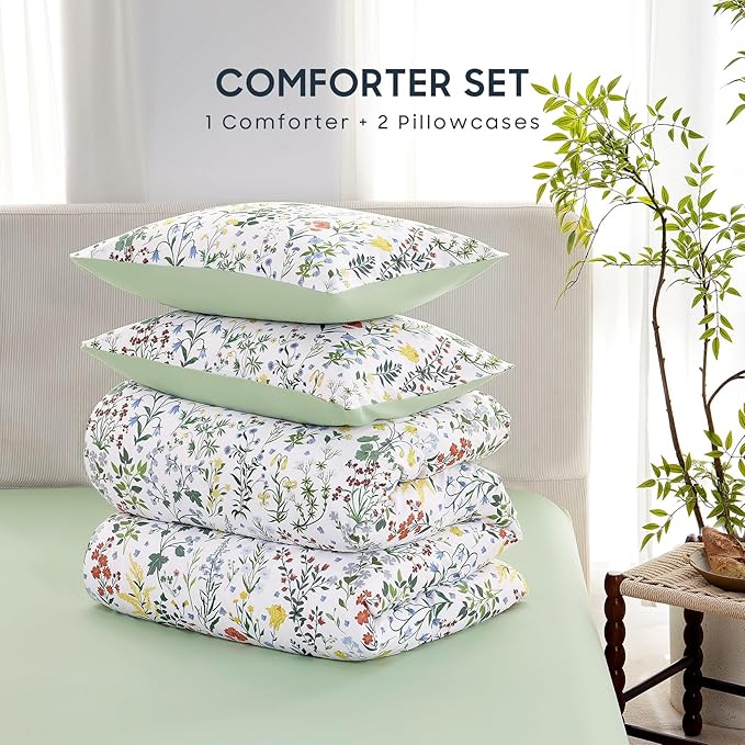 Wake In Cloud - Floral Comforter Set, Shabby Chic Cottage Garden Botanical Flower Style with Elegant Wildflower Pattern, Soft Lightweight Bedding, 3 Pieces, Multicolor Green, Twin/Twin XL Size