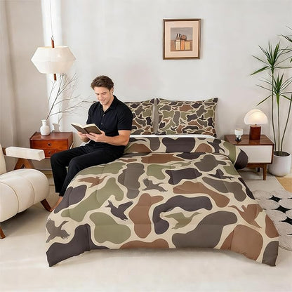 Erosebridal Duck Hunter Comforter King Size Camo Bedding Set Army Green Ducks Hunting Comforter Set Adults Men Camouflage Military All Season Quilt Wild Woodland Birds Rustic Room Decor