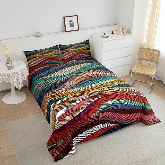 Boho Comforter Set Queen Bohemian Wavy Bedding Rainbow Embroidered Waves Bedding Comforter Sets Geometric Tribal Ethnic Bedroom Decor Colorful Abstract Lightweight Duvet Insert for Adult