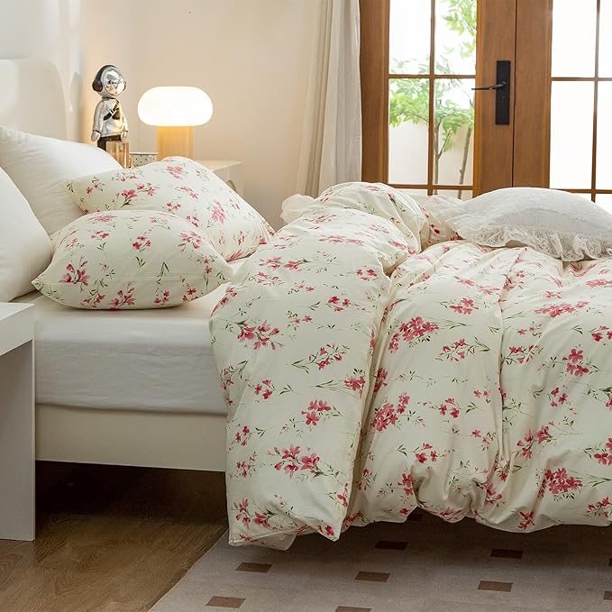 Full Floral Comforter Set Soft Cute Floral Bedding Comforter Sets Garden Style Red Flower Print Botanical Flowers Comforter Set for All Seasons 1 Comforter and 2 Pillowcases
