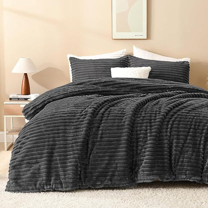 Andency Fleece King Comforter Set, 3 Pieces Dark Grey Comforter Set for King Size Bed, Soft Warm Fluffy Fuzzy Dark Gray Bedding Set for Winter (1 Comforter & 2 Pillowcases)