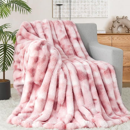 Touchat Luxury Faux Rabbit Fur Throw Blanket for Couch, Super Heavy Warm Cozy Blanket for Sofa Bedroom Living Room, Ultra Soft Fluffy Reversible Plush Blanket for Home Decor Gifts, Tie-dye Pink