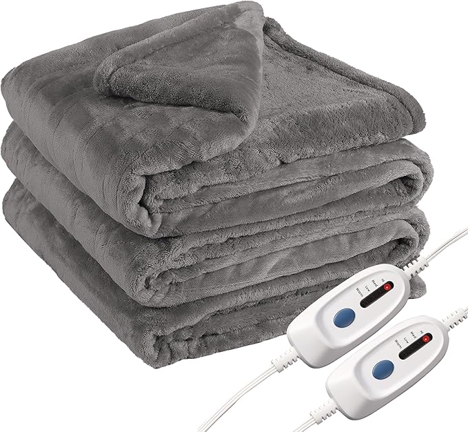 Electric Heated Blanket Queen Size 84"x90", Soft Plush Microplush for Bed, Dual Controllers & Heating Zones, 10 Hs Auto Off & 4 Heating Levels, Machine Washable, Gifts for Family-Light Gray