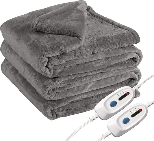 Electric Heated Blanket Queen Size 84"x90", Soft Plush Microplush for Bed, Dual Controllers & Heating Zones, 10 Hs Auto Off & 4 Heating Levels, Machine Washable, Gifts for Family-Light Gray