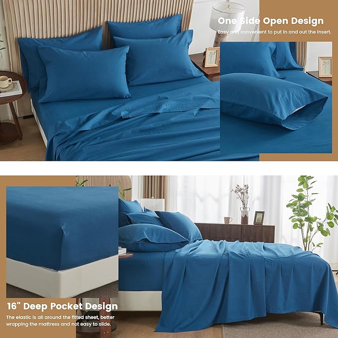 Simple&Opulence Belgian Linen Sheet Set Solid Color - 6 Pieces (1 Flat Sheet & 1 Fitted Sheet & 4 Pillowcases) 16" Deep Pocket Natural Flax Cotton Blended Soft Bedding - Navy Blue, Queen Size