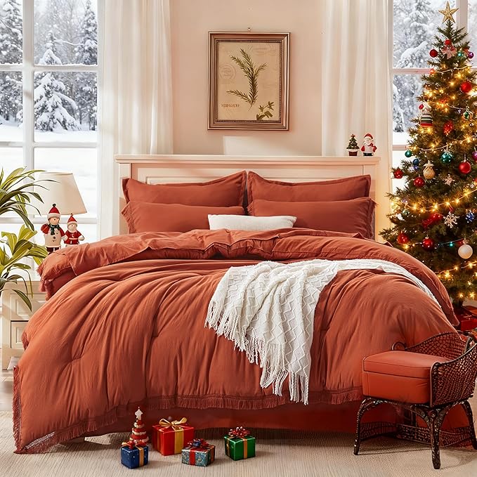 Andency Queen Comforter Set with Sheets Burnt Orange - 7 Pieces Boho Tassel Bed in a Bag Soft Lightweight Bedding Sets, Terracotta Rust Fringe Bed Set with Comforter, Sheets, Pillowcases & Shams