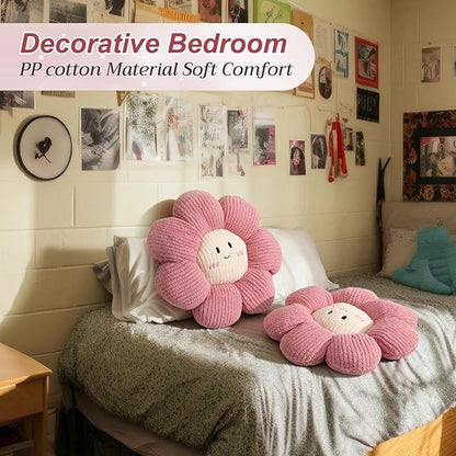 2 Pcs Smile Face Flower Pillows 15" Pink Flower Throw Pillows Decorative Daisy Floor Seating Cushion Aesthetic Cute Seat Cushion for Bed Sofa Couch Home Decor Bedroom Living Room Chair