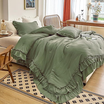 AIKASY Sea Green Comforters Twin Size Set, Vintage Boho Chic Farmhouse Bedding Sets Shabby Ruffle Queen Bed Comforter Bedding 3PCS（1 Comforter and 2 Pillowcases）