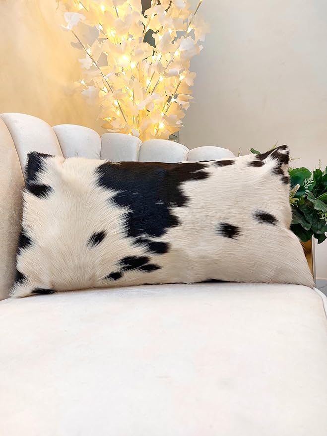 NGF Genuine Cowhide Lumber Pillows Cushion Cover - Leather Hair on 12' x 22' Throw Pillow - Handmade Leather Cushion Case with Hidden Zipper for The Living Room (Black & White, 12" x 22" Inches)