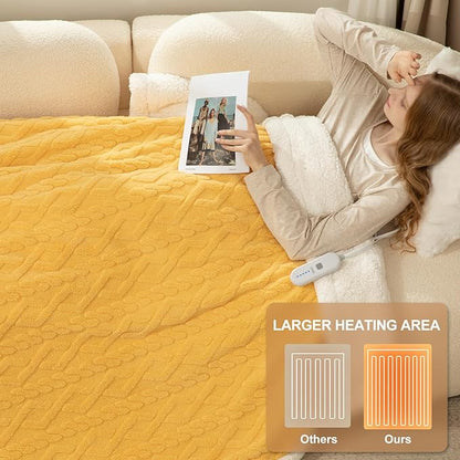 Electric Blanket Twin Size 62"X84" Yellow - Soft Thick Warm Sherpa Heated Blanket for Winter with 5 Fast Heating Levels & 10hrs Auto Off for Women, Washable & ETL Certified for Office, Bed